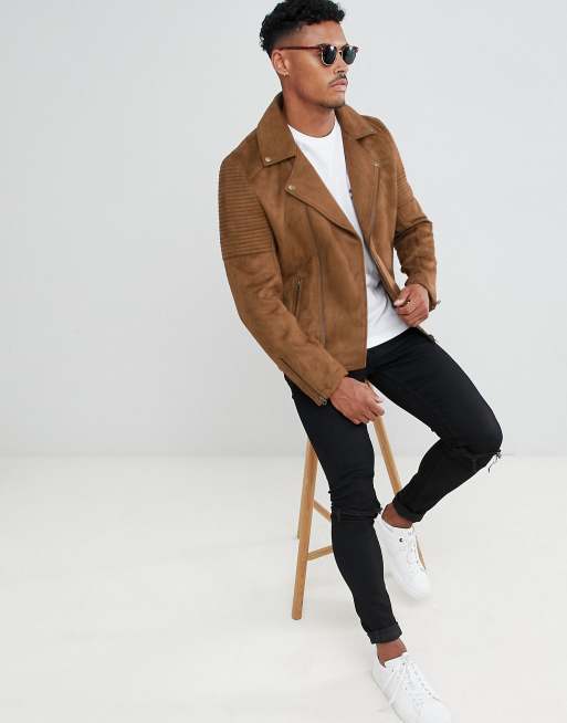 ASOS DESIGN faux suede biker jacket in tan