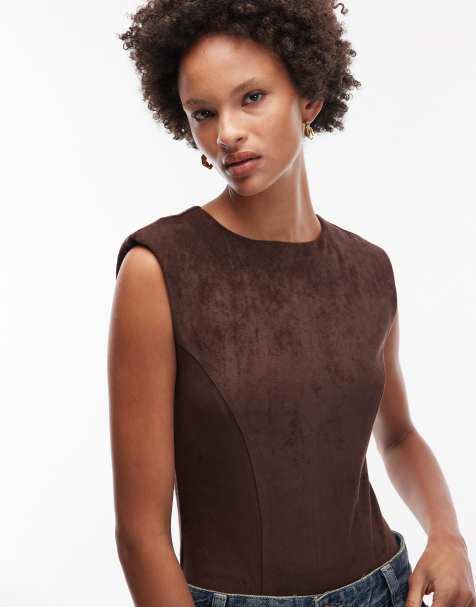 ASOS DESIGN faux suede bodysuit with shoulder pads in chocolate - view 1