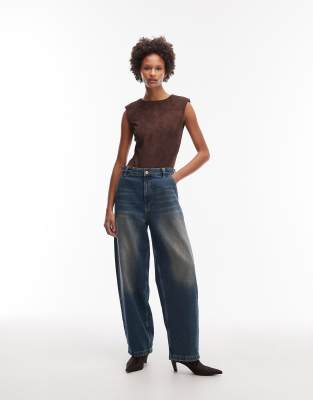 Asos Design Faux Suede Bodysuit With Shoulder Pads In Brown