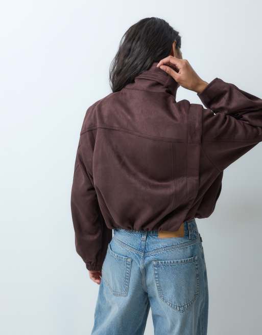 ASOS DESIGN faux suede bomber biker with bubble hem in brown, 3 of 5