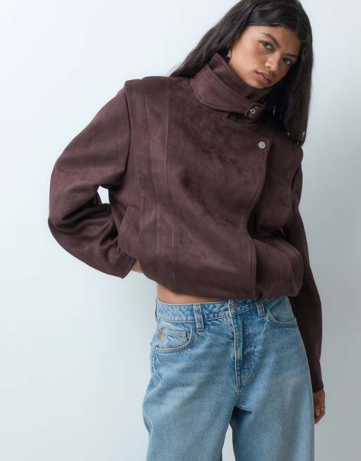 ASOS DESIGN faux suede bomber biker with bubble hem in brown, 4 of 5