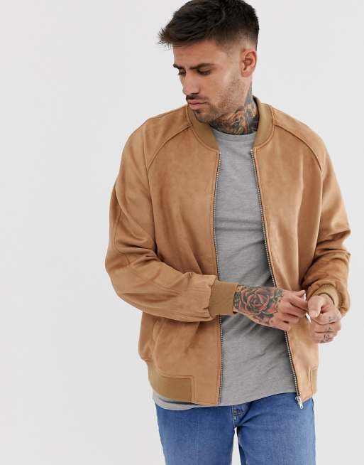 ASOS DESIGN faux suede bomber jacket in tan