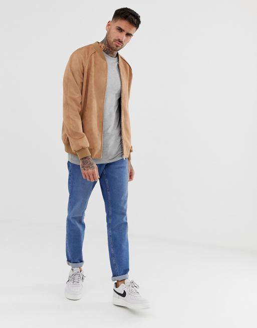 ASOS Suede Bomber Jacket In Tan in Brown for Men