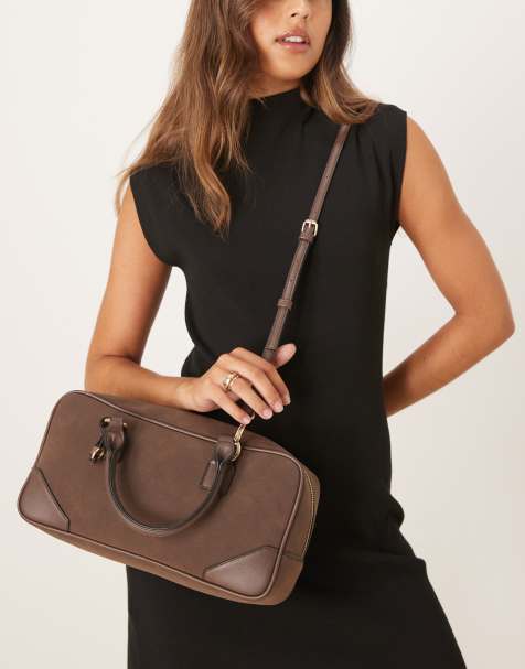 ASOS DESIGN faux suede bowler bag with detachable cross body strap in chocolate - view 2