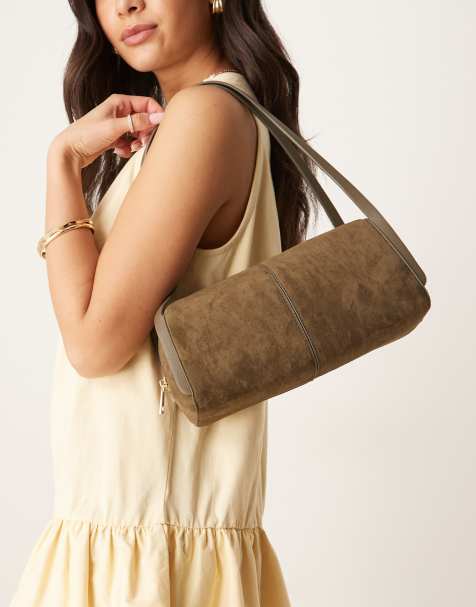 ASOS DESIGN faux suede bowler shoulder bag in khaki - view 1
