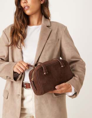 Asos Design Faux Suede Boxy Bowler Bag In Brown