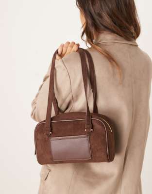 Asos Design Faux Suede Boxy Bowler Bag In Brown