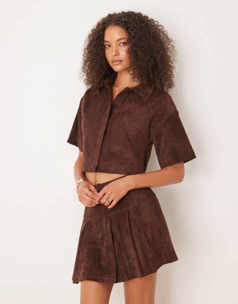 ASOS DESIGN faux suede boxy shirt in chocolate - part of a set - view 1