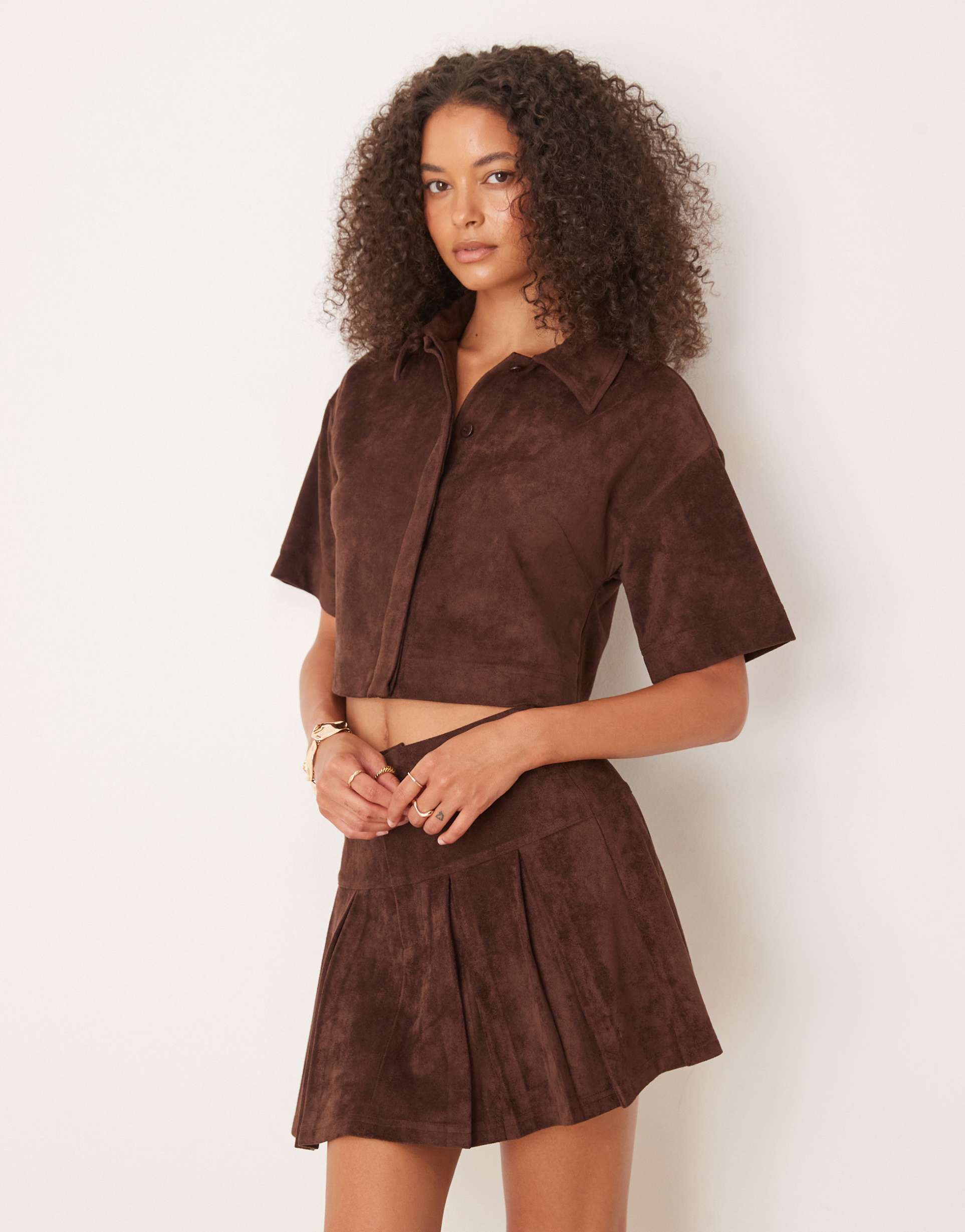 asos design faux suede boxy shirt in chocolate - part of a set