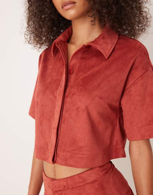 ASOS DESIGN faux suede boxy shirt in rust (part of a set) , 4 of 4