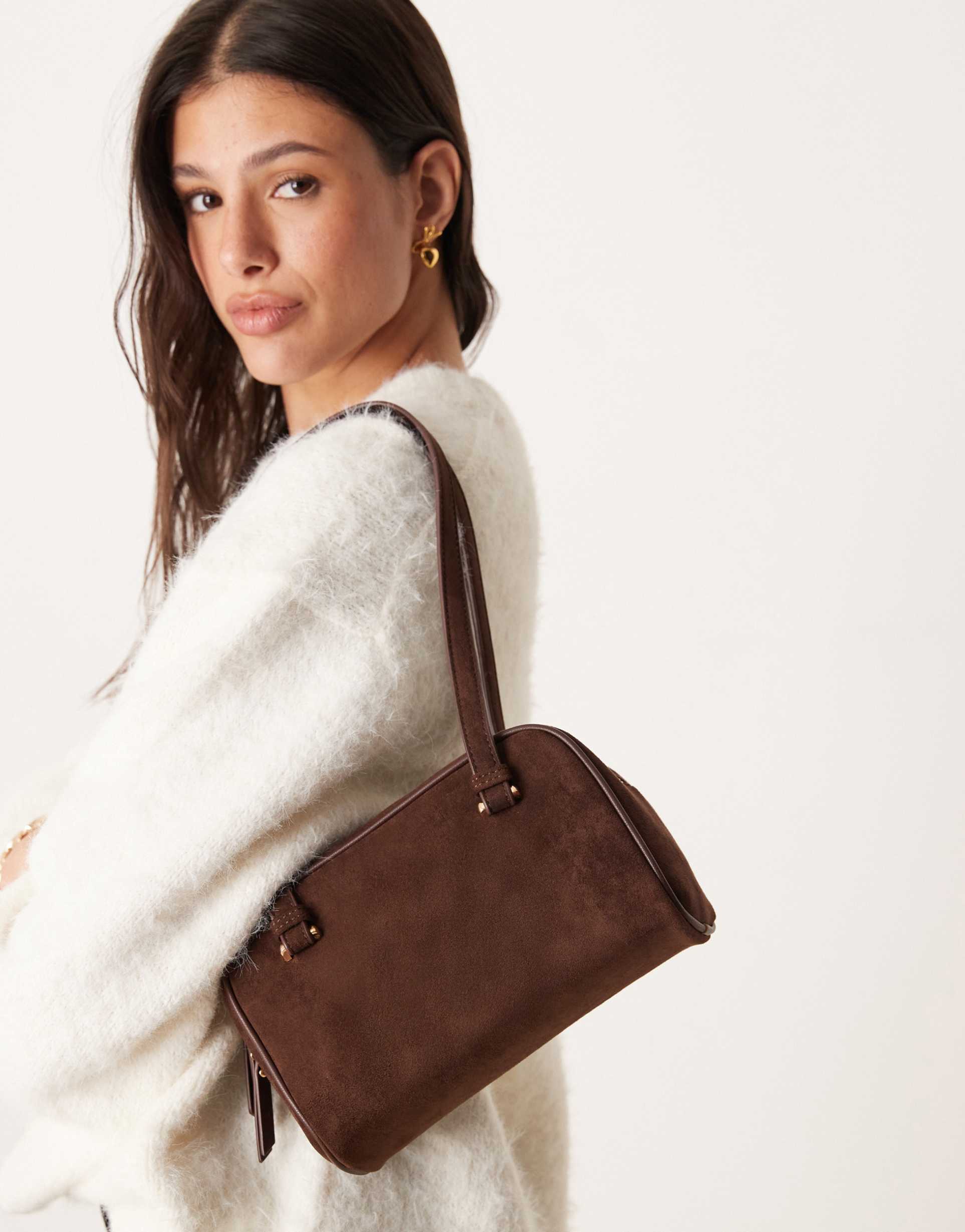 asos design faux suede boxy shoulder bag in chocolate