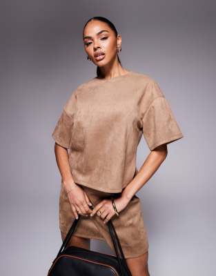 Asos Design Faux Suede Boxy T-shirt In Brown