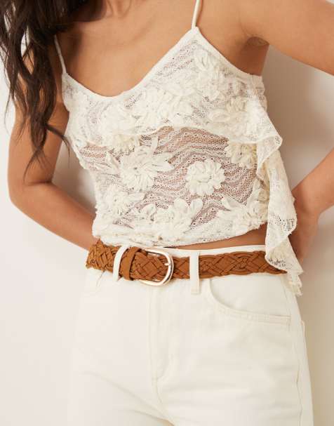 ASOS DESIGN faux suede braided waist and hip jeans belt in tan - view 1
