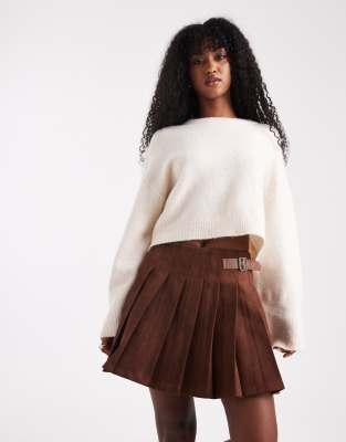 Asos Design Faux Suede Buckle Detail Pleated Mini Skirt In Brown
