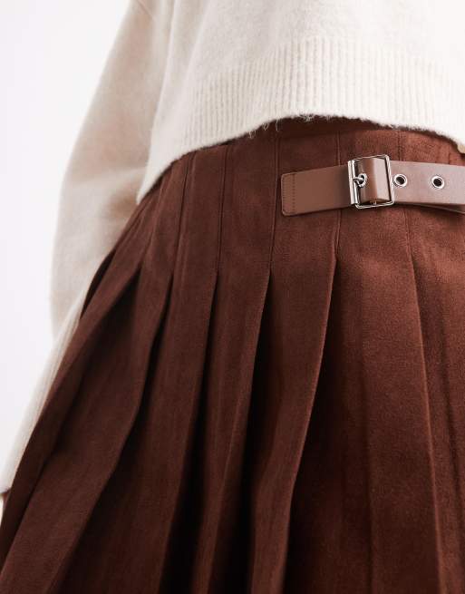 ASOS DESIGN faux suede buckle detail pleated mini skirt in brown