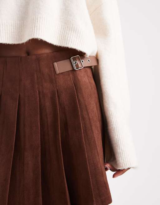 ASOS DESIGN faux suede buckle detail pleated mini skirt in brown