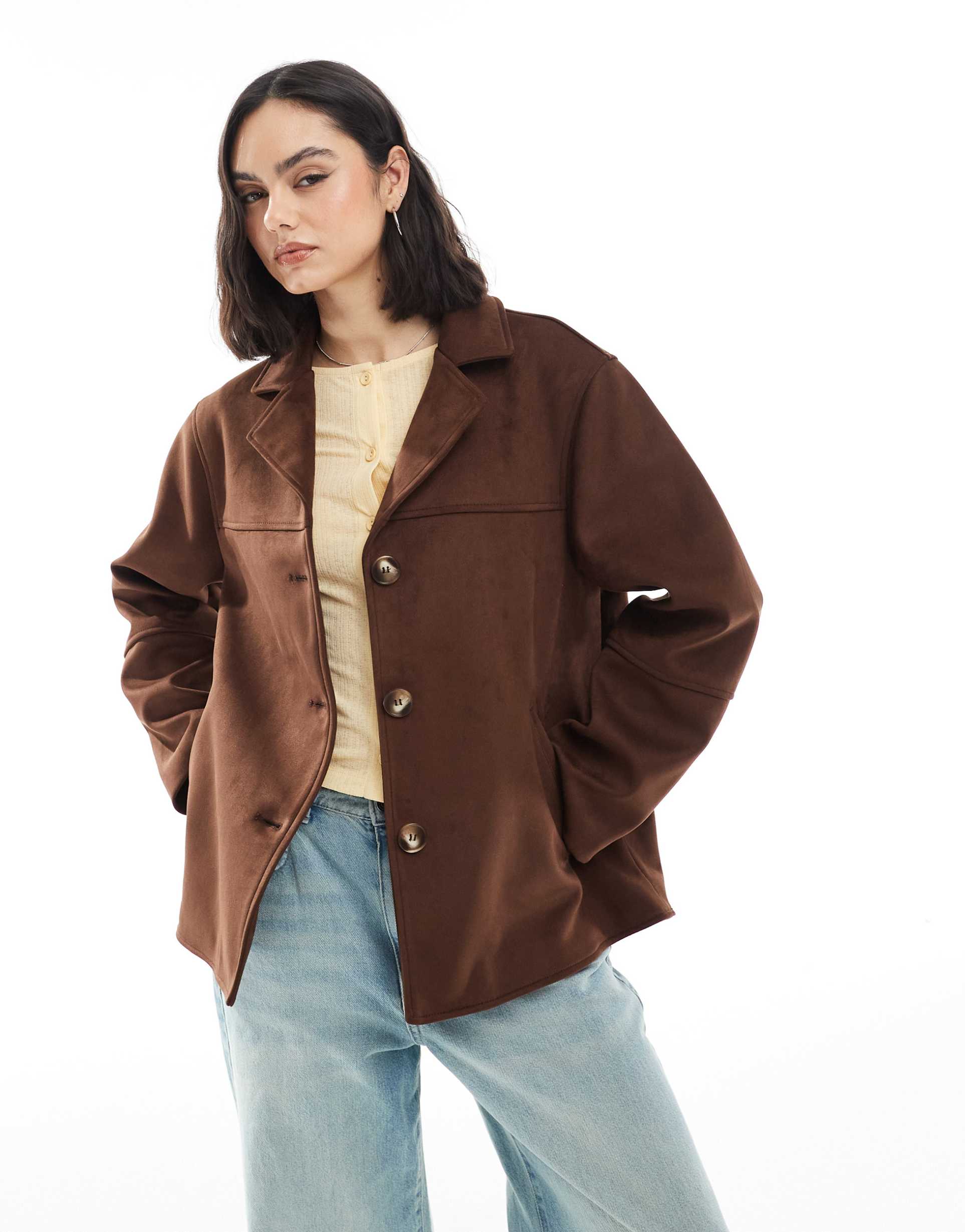 asos design faux suede button front jacket in mocha