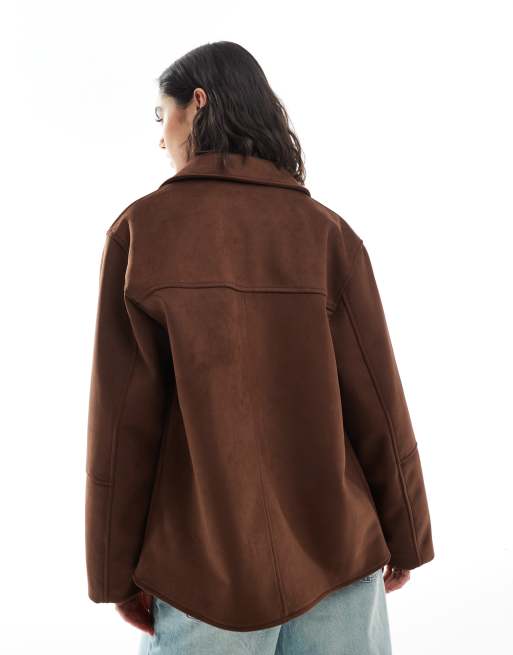ASOS DESIGN faux suede button front jacket in mocha