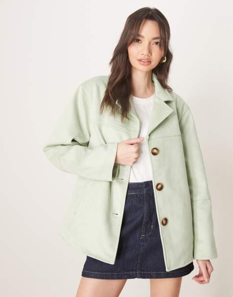 ASOS DESIGN faux suede button front jacket in pastel green - view 1