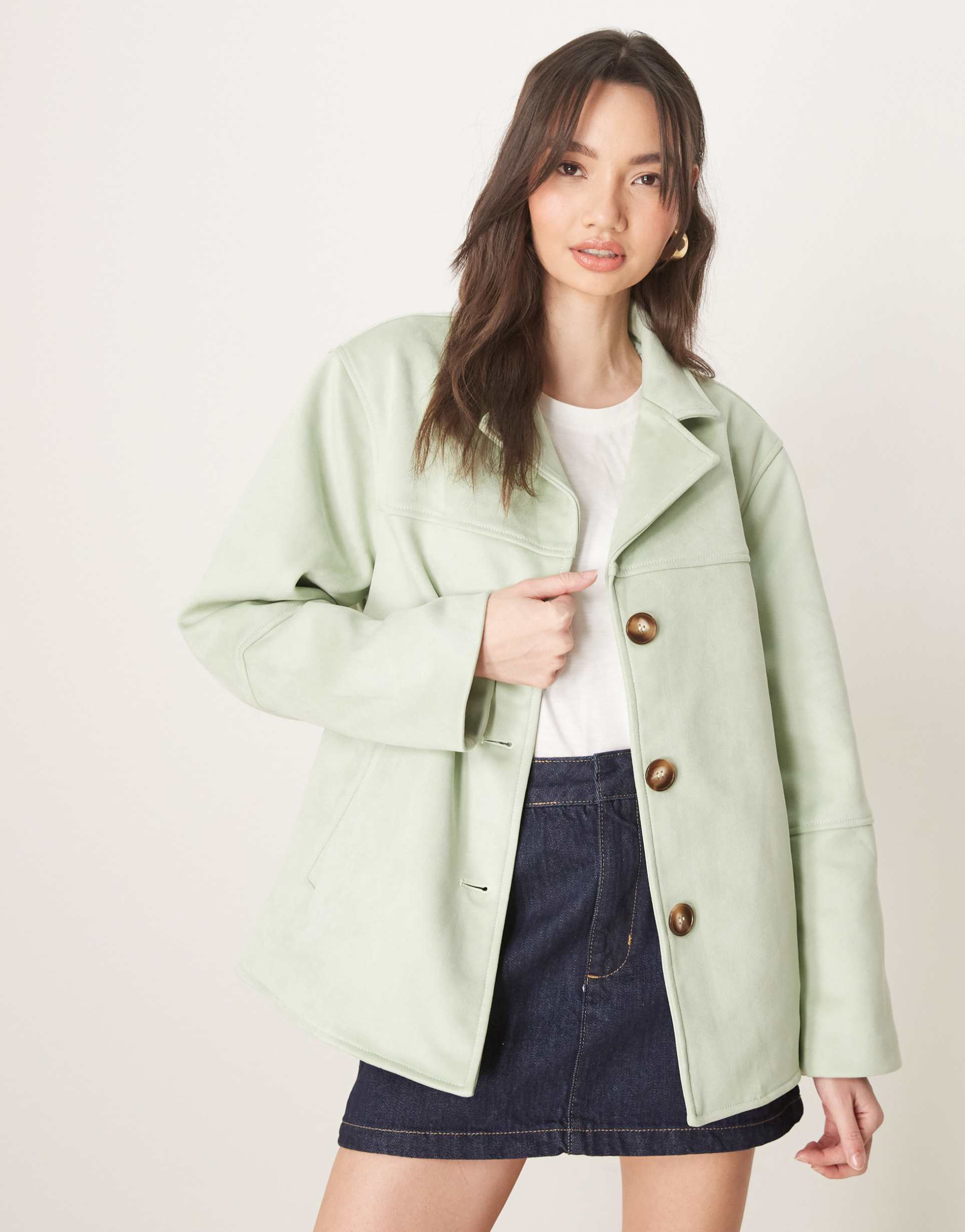 asos design faux suede button front jacket in pastel green