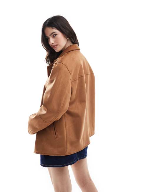 ASOS DESIGN faux suede button front jacket in tan