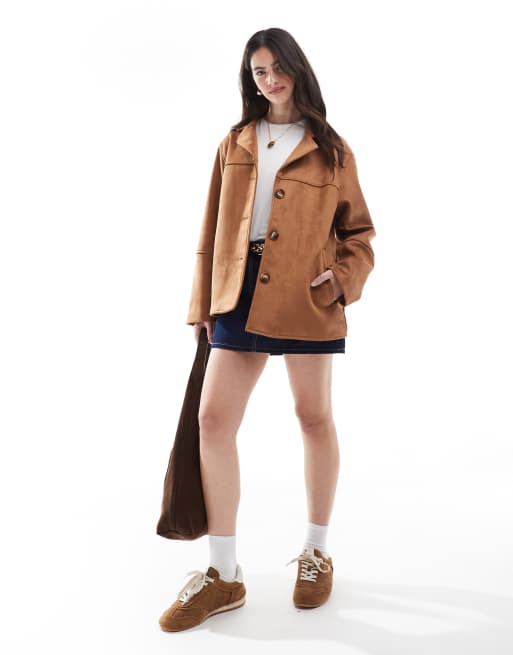 ASOS DESIGN faux suede button front jacket in tan
