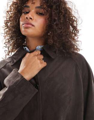 Asos Design Faux Suede Car Coat In Brown