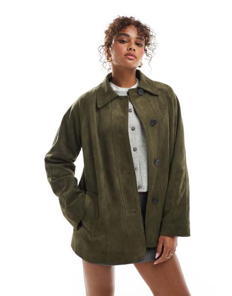 ASOS DESIGN faux suede car coat in olive - view 1