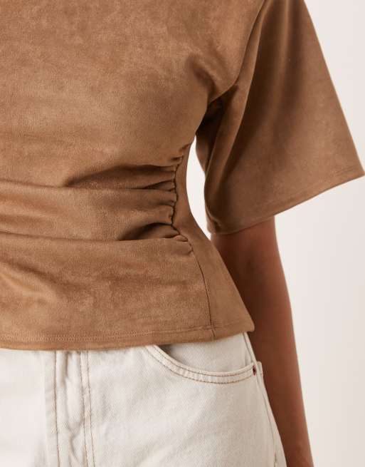 ASOS DESIGN faux suede cinch waist top in chocolate, 3 of 4