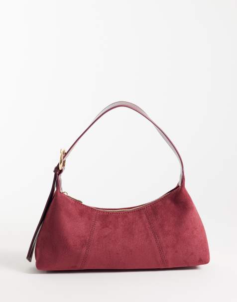 ASOS DESIGN faux suede clean 90's shoulder bag in burgundy - view 1