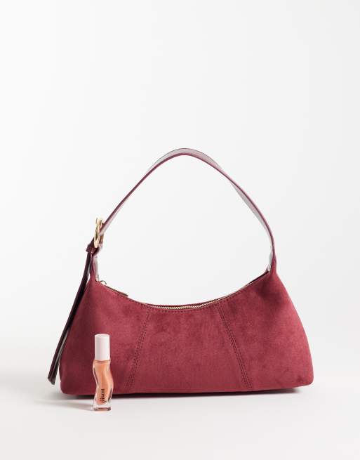 ASOS DESIGN faux suede clean 90's shoulder bag in burgundy, 2 of 4