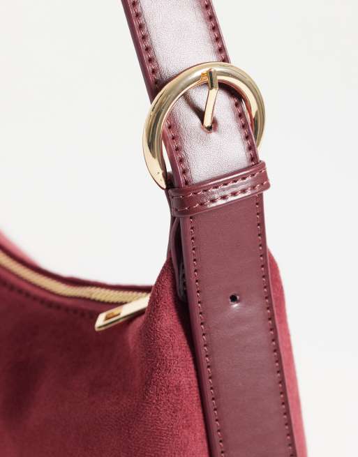 ASOS DESIGN faux suede clean 90's shoulder bag in burgundy, 3 of 4