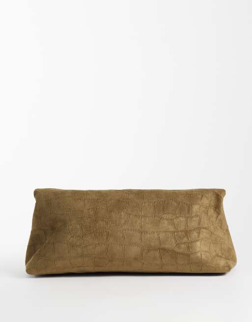 ASOS DESIGN faux suede croc flap clutch bag in khaki, 4 of 4
