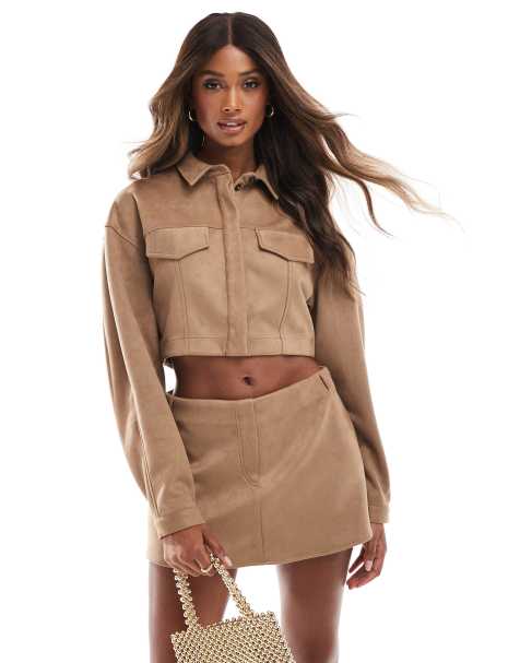 ASOS DESIGN faux suede crop shirt co-ord in tan - view 1