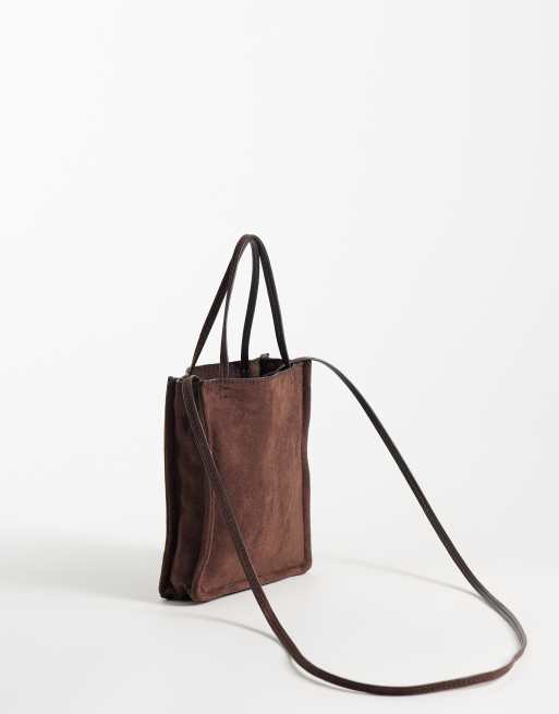ASOS DESIGN faux-suede crossbody pouch in chocolate, 4 of 4