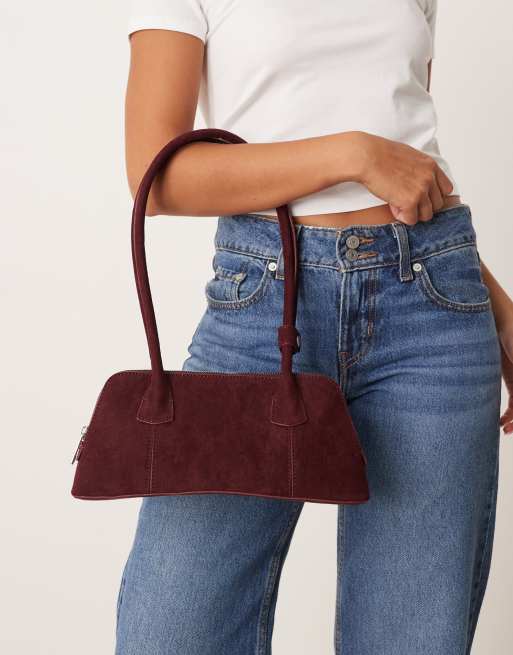 ASOS DESIGN faux suede curved base bowler bag in burgundy, 2 of 4