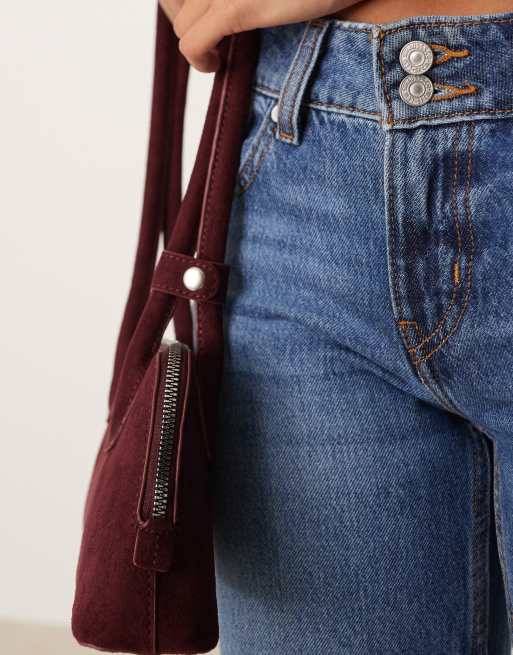 ASOS DESIGN faux suede curved base bowler bag in burgundy, 4 of 4
