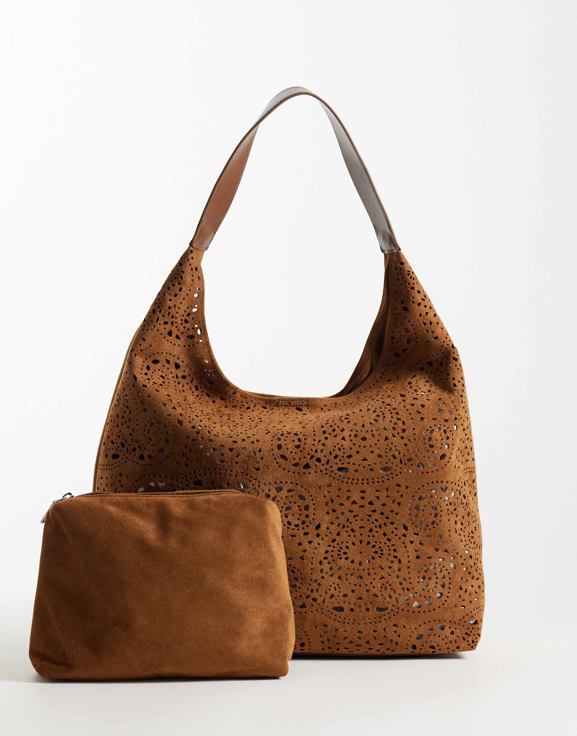 asos design faux suede cutwork tote with internal pouch in tan