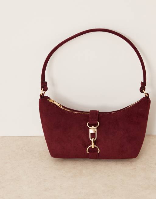 ASOS DESIGN faux suede dog clip shoulder bag in burgundy, 2 of 4