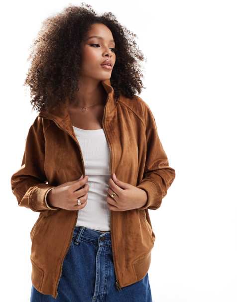 ASOS DESIGN faux suede funnel neck bomber jacket in tan - view 1