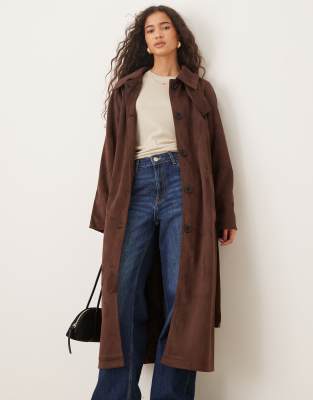 Asos Design Faux Suede Funnel Neck Trench Coat In Brown