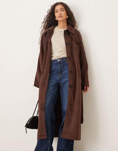 ASOS DESIGN faux suede funnel neck trench coat in chocolate - view 1