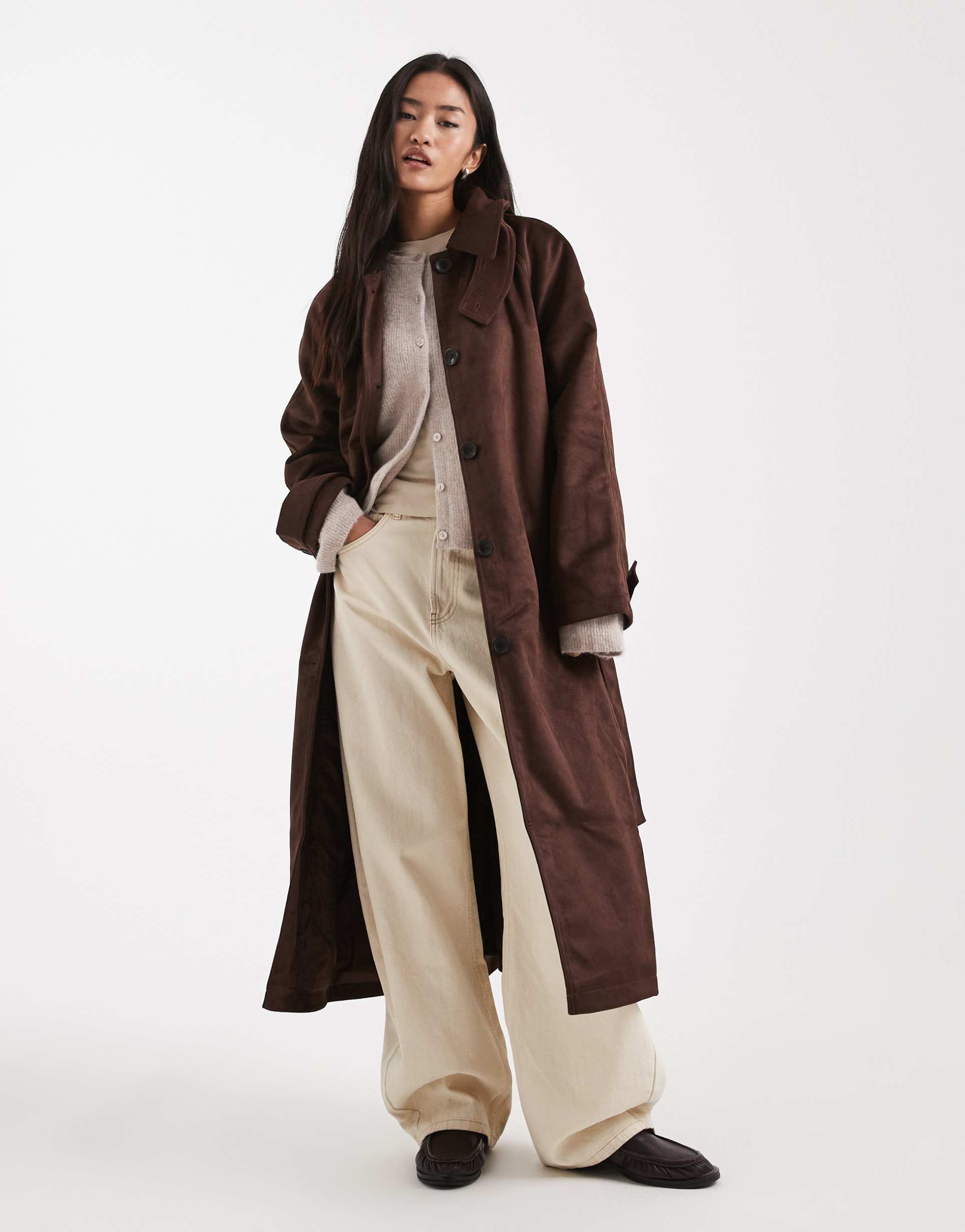 asos design faux suede funnel neck trench coat in chocolate