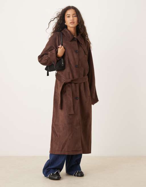 ASOS DESIGN faux suede funnel neck trench coat in chocolate