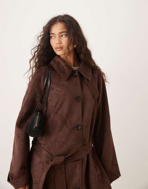 ASOS DESIGN faux suede funnel neck trench coat in chocolate