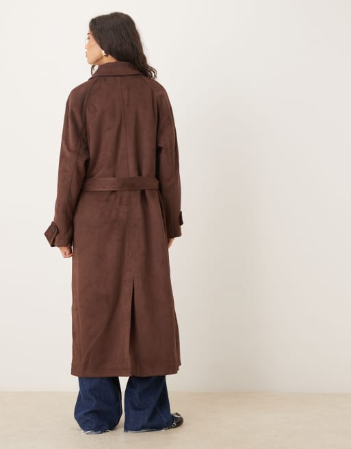 ASOS DESIGN faux suede funnel neck trench coat in chocolate