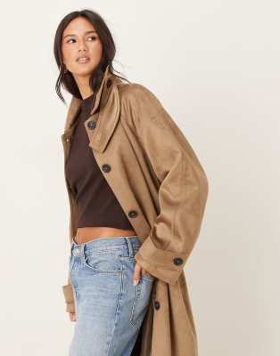 Asos Design Faux Suede Funnel Neck Trench Coat In Brown