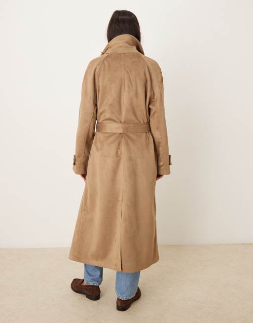ASOS DESIGN faux suede funnel neck trench coat in stone