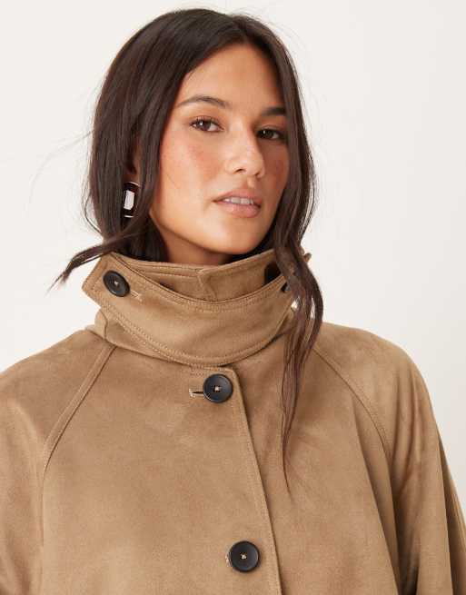ASOS DESIGN faux suede funnel neck trench coat in stone