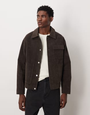 ASOS DESIGN faux suede harrington jacket in brown-Black